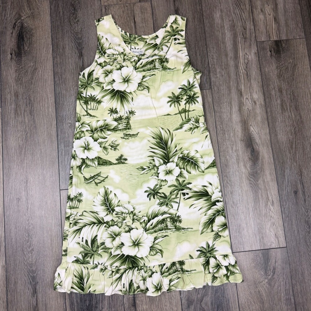 Bishop St Apparel Tropical Floral Ruffle Hem Shift Dress Green S Hawaiian Beach